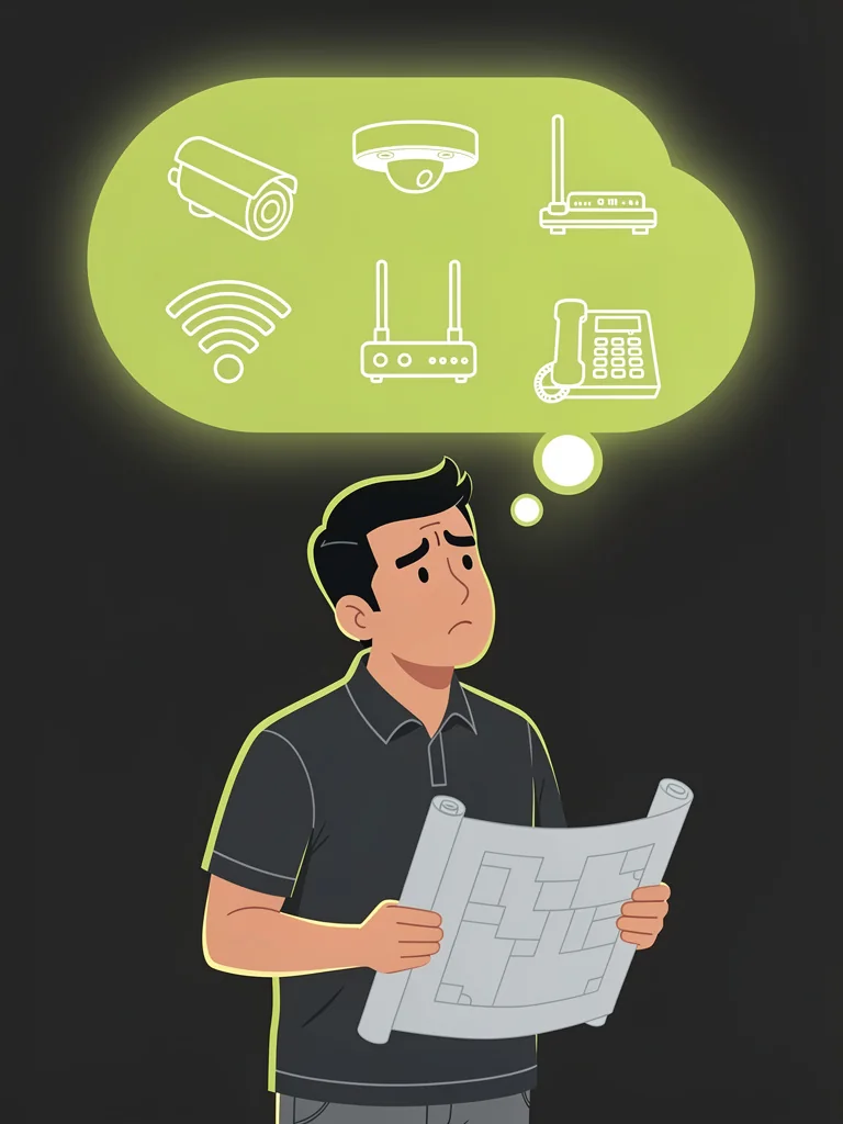 Illustration of a worried technician holding a building plan, with a thought cloud above him full of disconnected systems — a CCTV camera, smoke detector, wifi, router, and telephone — that all need setting up.