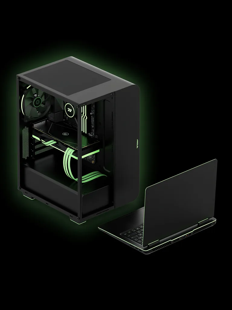 A conceptual illustration of a desktop PC with its internal components and a laptop — sales, upgrades, and repair.
